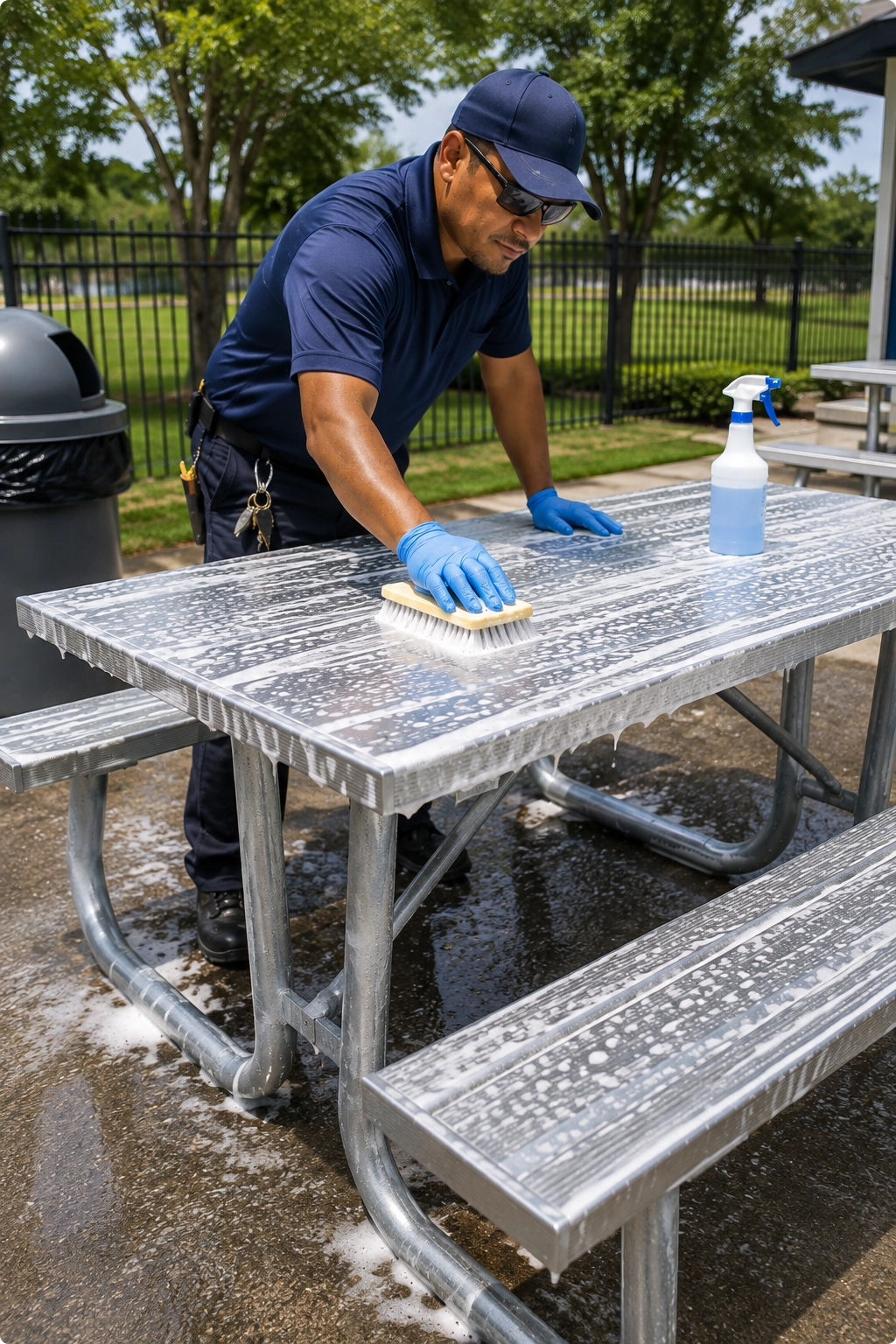 Maintenance worker cleaning a commercial aluminum picnic table with soap and a soft-bristle brush